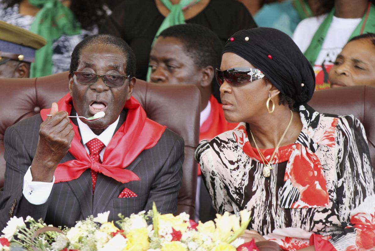 Grace Mugabe looks on next to her husband Robert Mugabe during his 91st birthday celebration in Victoria Falls