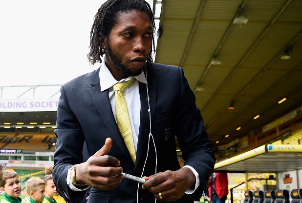 NORWICH, ENGLAND - APRIL 16: Dieumerci Mbokani of Norwich City signs autographs prior to the Barclays Premier League match between Norwich City and Sunderland at Carrow Road on April 16, 2016 in Norwich, England.  (Photo by Mike Hewitt/Getty Images)